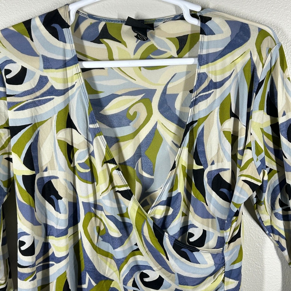 Lane Bryant Women 14/16 Blue Green Abstract Floral Wrap Top 3/4 Sleeve V-Neck